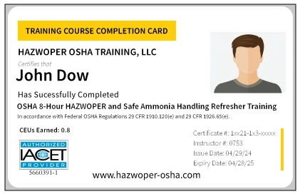 PVC Card for OSHA 8-Hour HAZWOPER and Safe Ammonia Handling Refresher Training