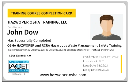 PVC Card for OSHA HAZWOPER and RCRA Hazardous Waste Management Safety Training