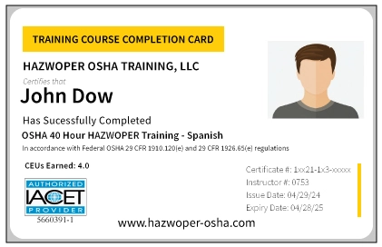 PVC Card for OSHA 40 Hour HAZWOPER Training - Spanish