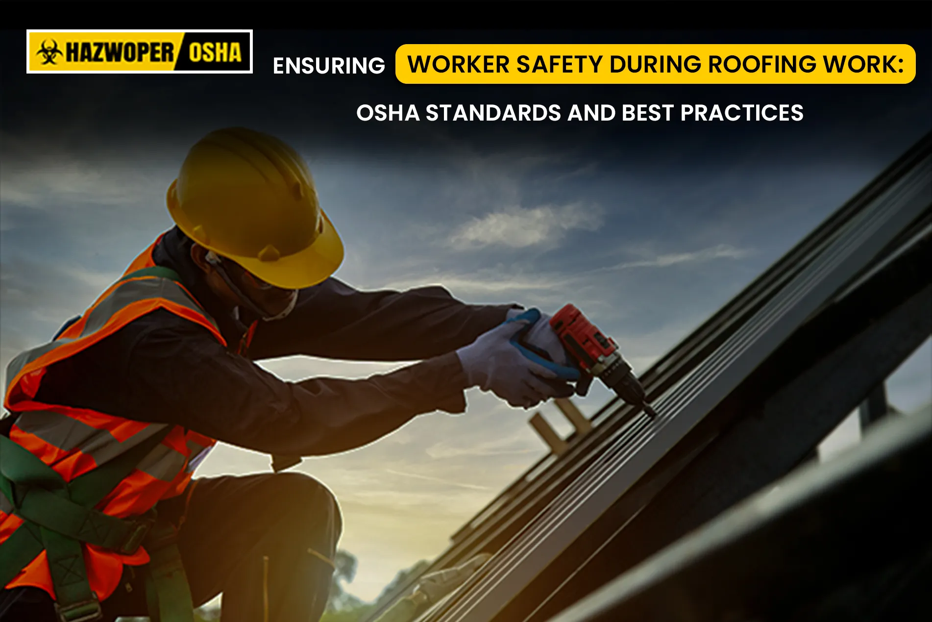Roofer worker in fall protection equipment and other safety gear