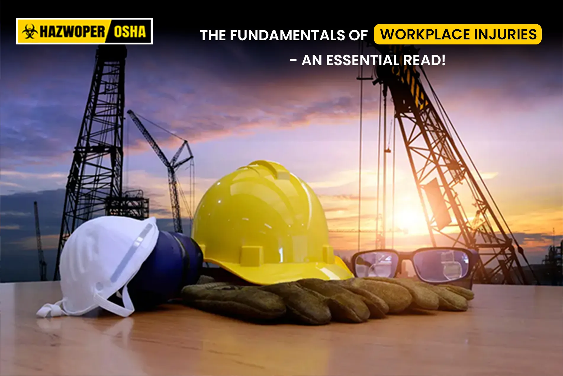 Hard hats, gloves, safety goggles + construction worksite background