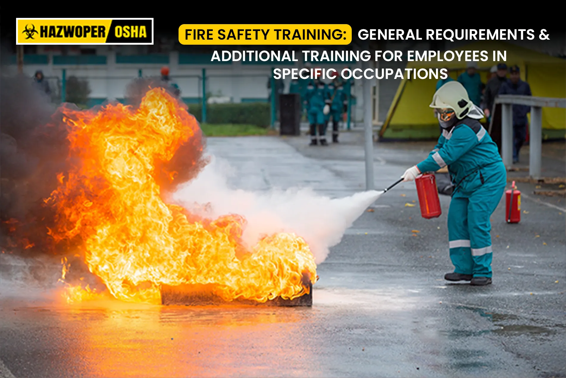 Fireman extinguishing a fire with fire extinguisher
