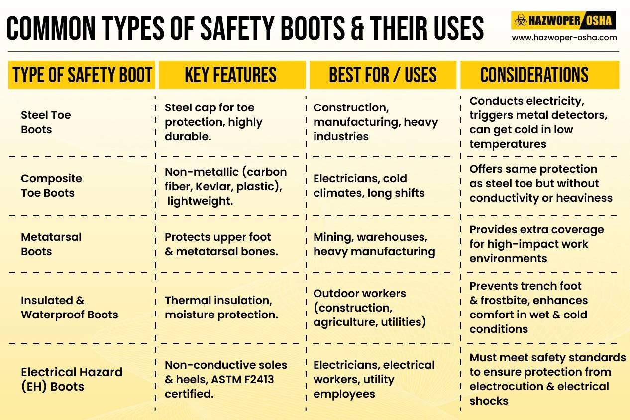 Common types of safety boots and their uses.