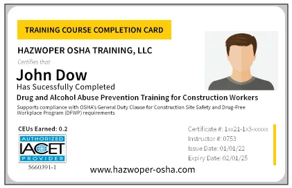 PVC Card for Drug and Alcohol Abuse Prevention Training for Construction Workers