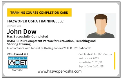 PVC Card for OSHA 8-Hour Competent Person for Excavation, Trenching, and Shoring Training