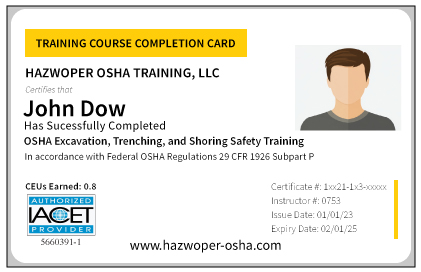 PVC Card for OSHA Excavation, Trenching, and Shoring Safety Training