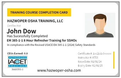 PVC Card for EM 385-1-1 8-Hour Refresher Training for Site Safety and Health Officers (SSHOs)