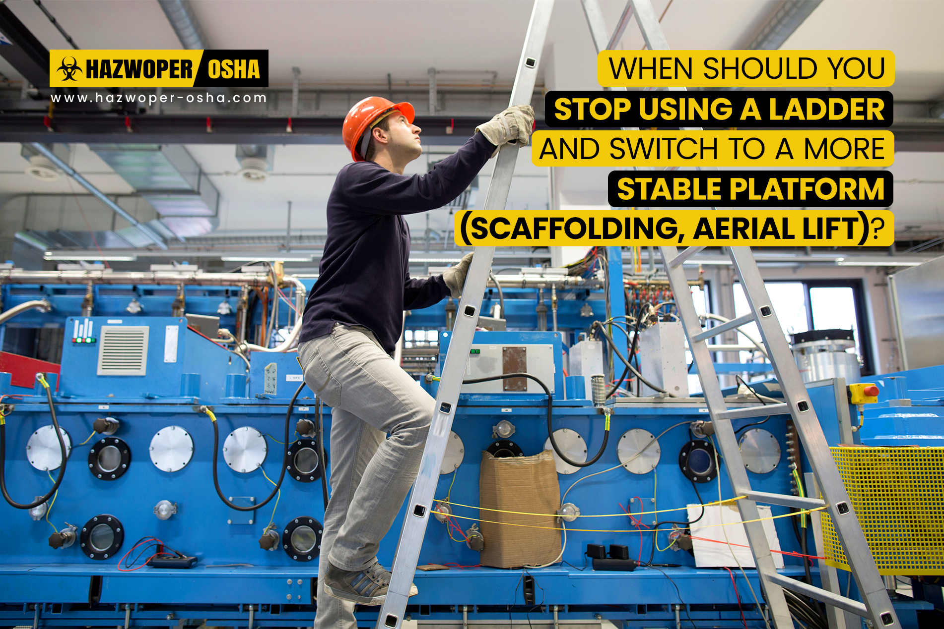 A worker standing on a ladder. A worker standing on a ladder.