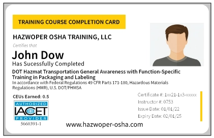 PVC Card for DOT Hazmat Transportation General Awareness with Function-Specific Training in Packaging and Labeling
