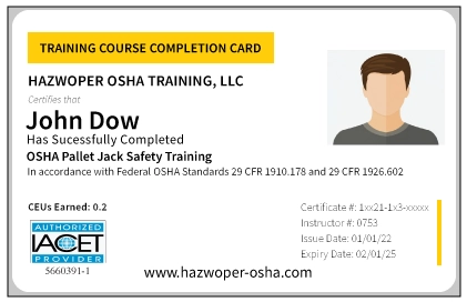 PVC Card for OSHA Pallet Jack Safety Training