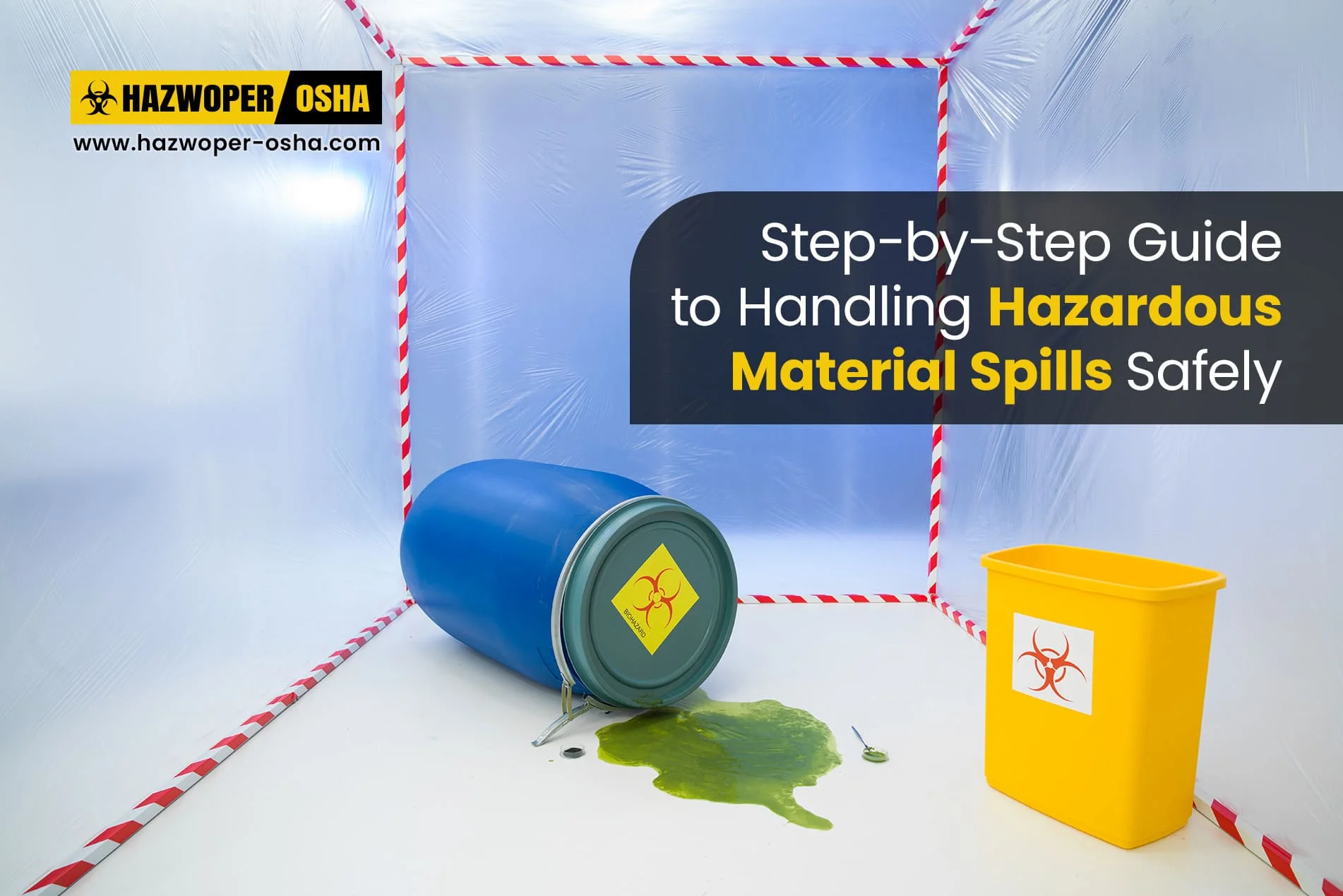 A hazmat container spilling chemical in a workplace. 